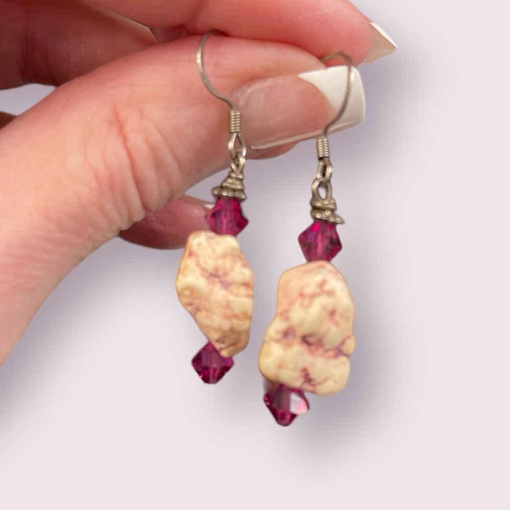 Natural Pink Stone Drop Earrings with Pink Crystal Accents